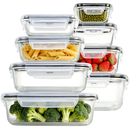 SKY-TOUCH 8-Pack Glass Meal Prep Containers - Leakproof & Airtight Locking Lids, for Microwave, Oven, Freezer & Dishwasher, BPA-Free, Grey