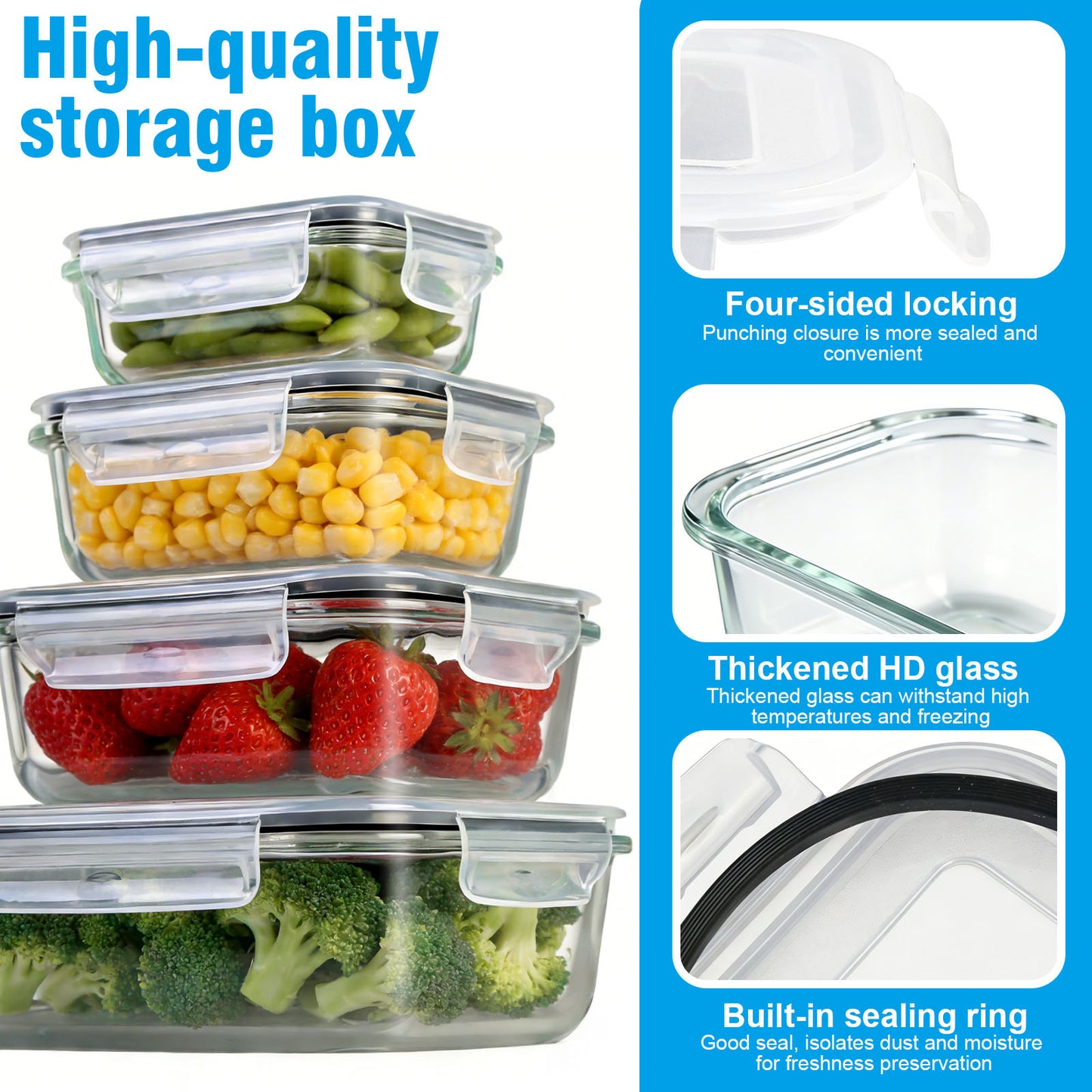 SKY-TOUCH 8-Pack Glass Meal Prep Containers - Leakproof & Airtight Locking Lids, for Microwave, Oven, Freezer & Dishwasher, BPA-Free, Grey