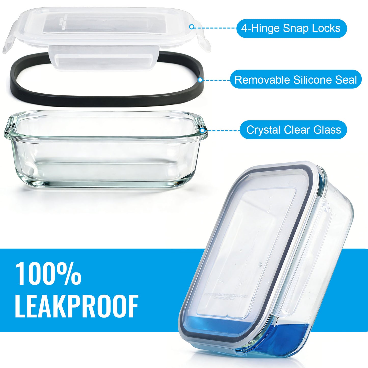 SKY-TOUCH 8-Pack Glass Meal Prep Containers - Leakproof & Airtight Locking Lids, for Microwave, Oven, Freezer & Dishwasher, BPA-Free, Grey