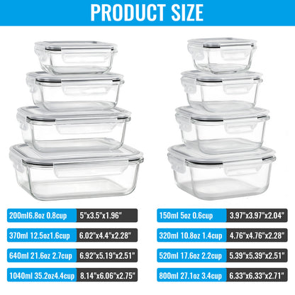 SKY-TOUCH 8-Pack Glass Meal Prep Containers - Leakproof & Airtight Locking Lids, for Microwave, Oven, Freezer & Dishwasher, BPA-Free, Grey