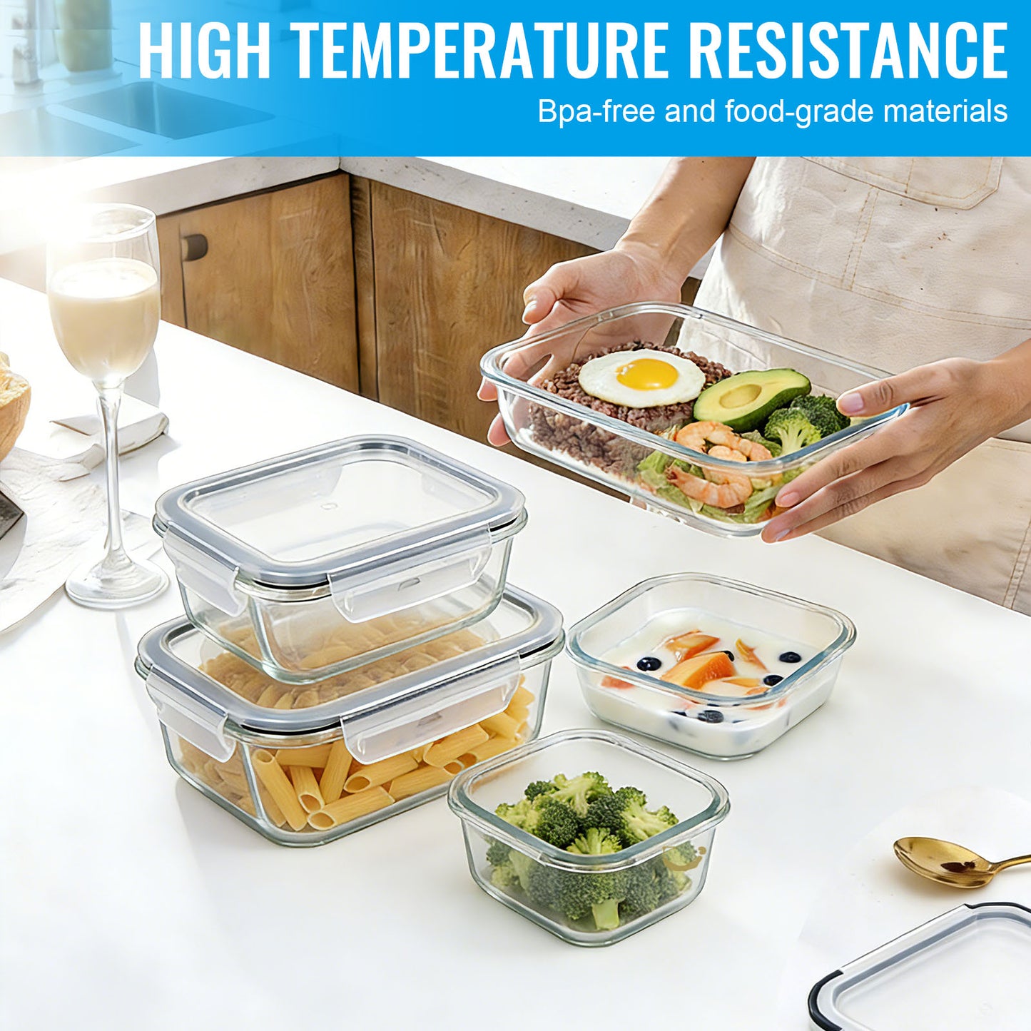 SKY-TOUCH 8-Pack Glass Meal Prep Containers - Leakproof & Airtight Locking Lids, for Microwave, Oven, Freezer & Dishwasher, BPA-Free, Grey