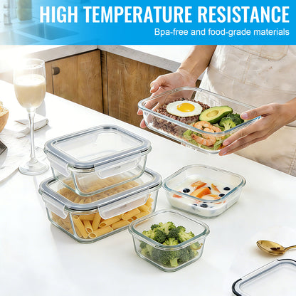 SKY-TOUCH 8-Pack Glass Meal Prep Containers - Leakproof & Airtight Locking Lids, for Microwave, Oven, Freezer & Dishwasher, BPA-Free, Grey