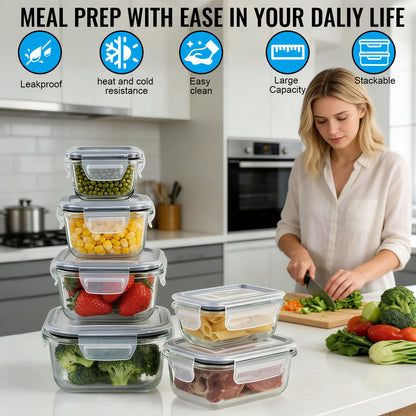 SKY-TOUCH 8-Pack Glass Meal Prep Containers - Leakproof & Airtight Locking Lids, for Microwave, Oven, Freezer & Dishwasher, BPA-Free, Grey