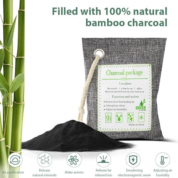 SKY-TOUCH 4 Pack 200g Activated Bamboo Charcoal Bag for Car & Home, Air Purifier, Formaldehyde & Odor Eliminator, Natural Deodorizer, Pet Safe, Dual Use for Home and Car