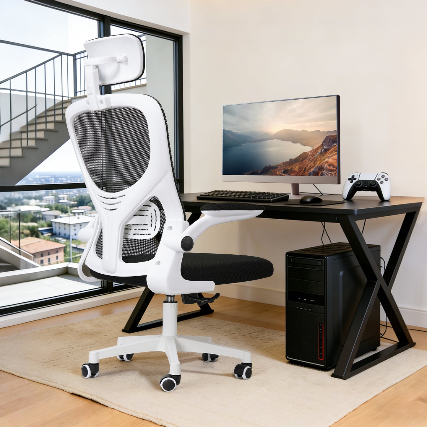 SKY-TOUCH Ergonomic Office Chair,Height adjustable Gaming Chair, Breathable Mesh Design High Back Desk Chair with Flexible Headrest, Swivel Padded Armrest, Lumbar Support, Tit, White