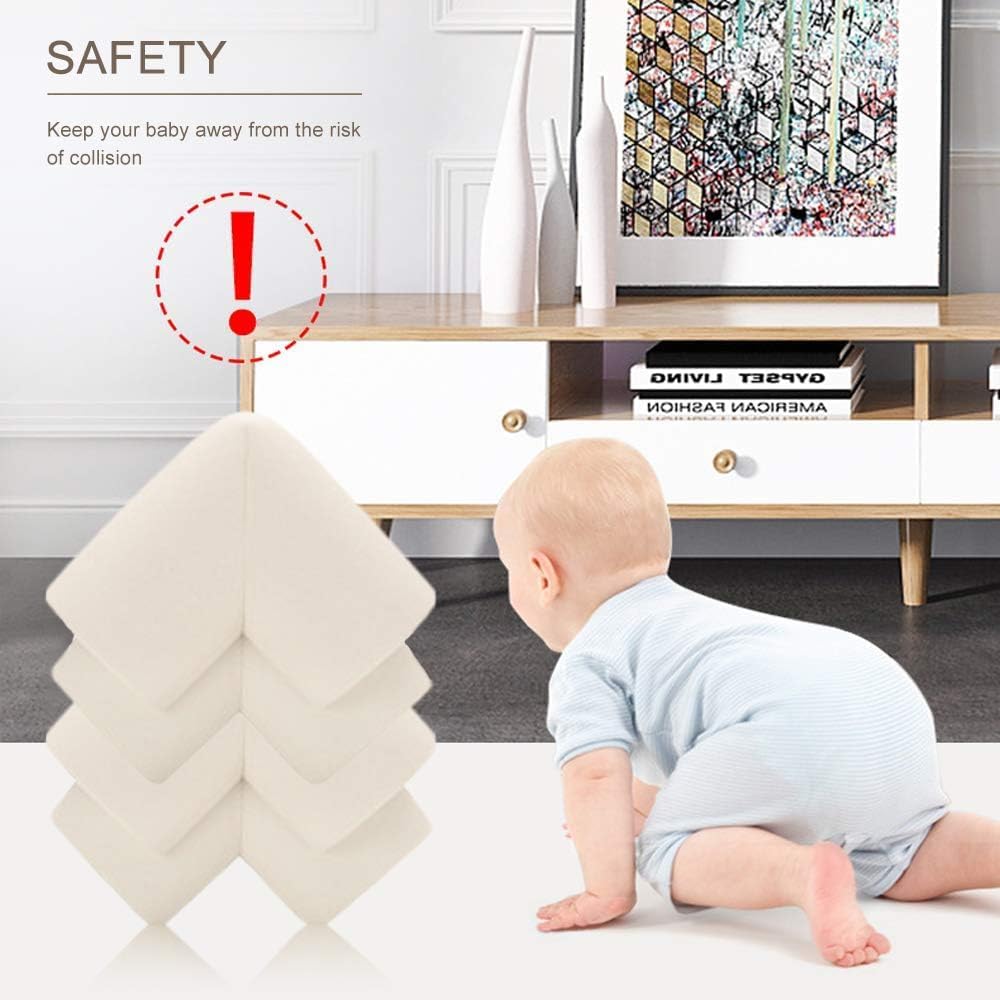 SKY-TOUCH 8 PACK Baby Safety Corner Guard, Hefty-Fit Heavy-Duty Soft NBR Rubber Foam, Furniture Fireplace Safety Bumper Guard, Off-White, with Stick Tape