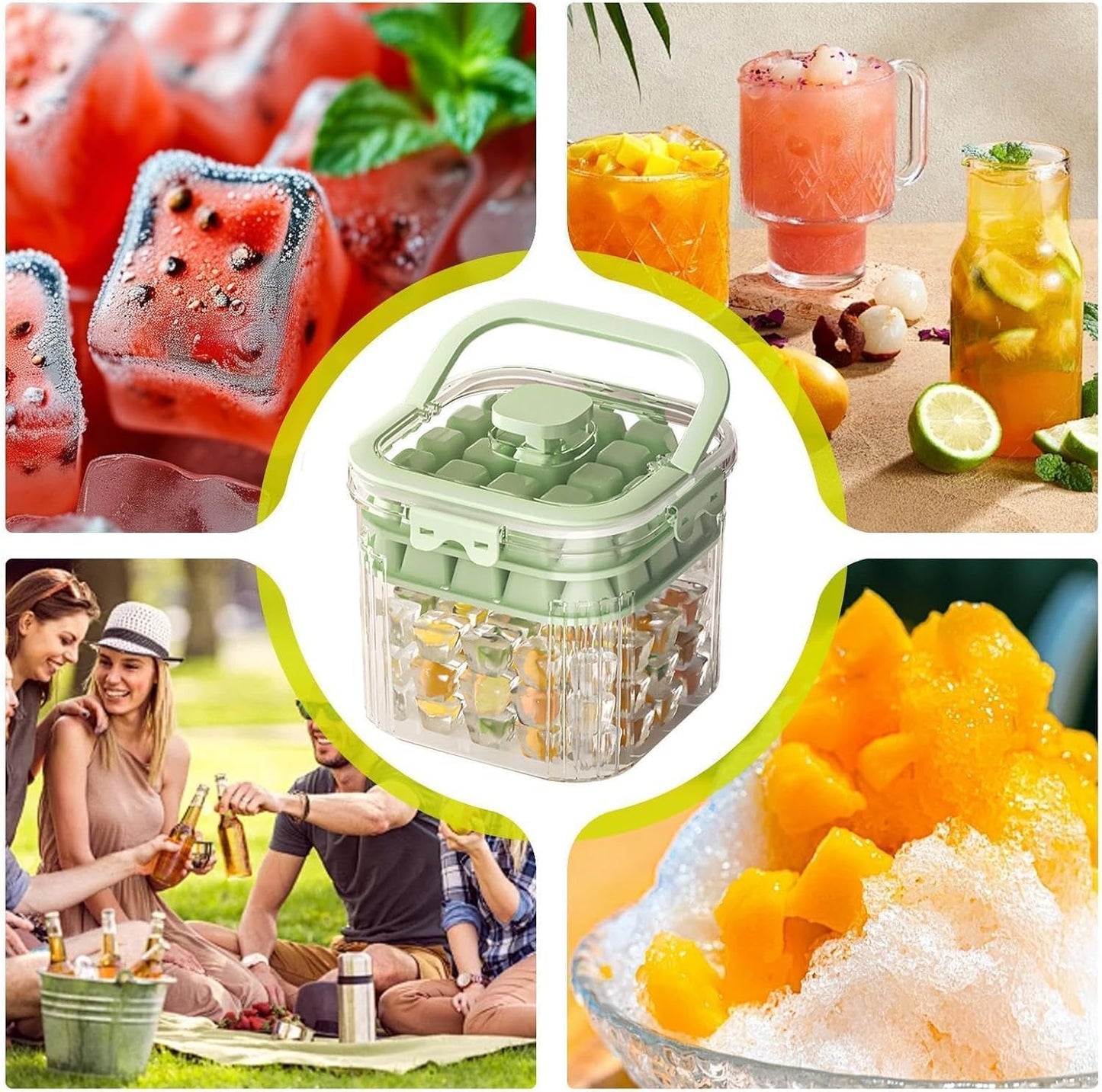 SKY-TOUCH 5L Portable Ice Bucket for Freezer with 56 Grids Mold Tray & Scoop, Large Capacity Clear Refrigerator Ice Cube Storage Bin for Outdoor Camping and BBQ Party (Green)