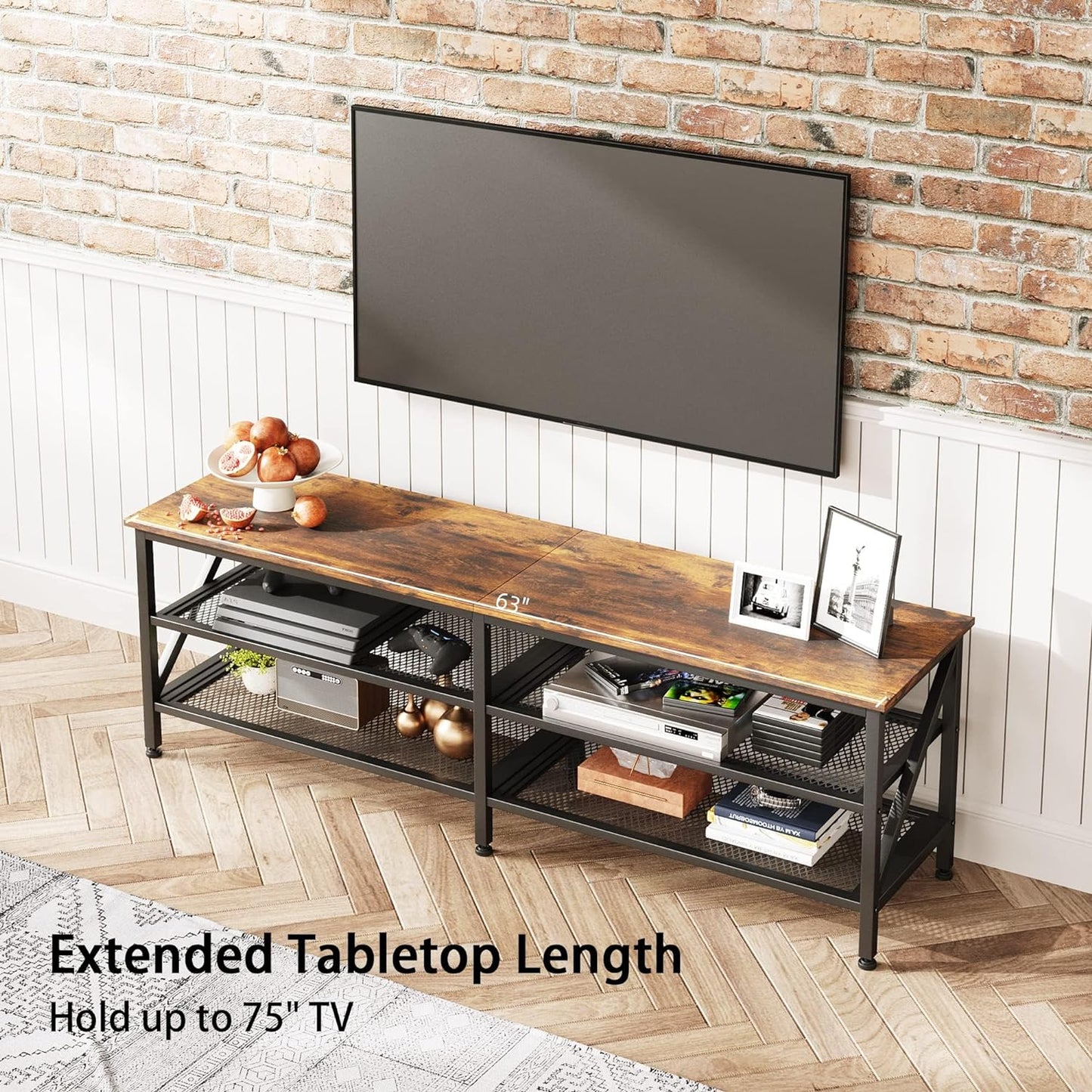 SKY-TOUCH TV Stand : Modern TV Table Wide TV Entertainment Center with Storage Shelves Sturdy Wooden TV Console Table with Metal Frame for Living Room (160 * 40 * 50CM Tiger Wood)