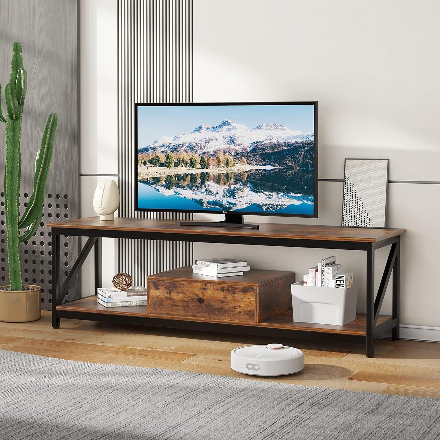 SKY-TOUCH TV Stand : Modern TV Table with 1 Drawer Wide TV Entertainment Center with Storage Shelves Sturdy Wooden TV Console Table with Metal Frame for Living Room (140 * 40 * 43CM Grey/Tiger Wood)