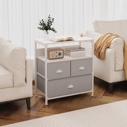 SKY-TOUCH 3 Fabric Drawer Nightstand Storage Chest Unit Home Cabinet w/Shelves Home Living Room Bedroom Entryway Living Furniture, White,58 * 29 * 81.5cm