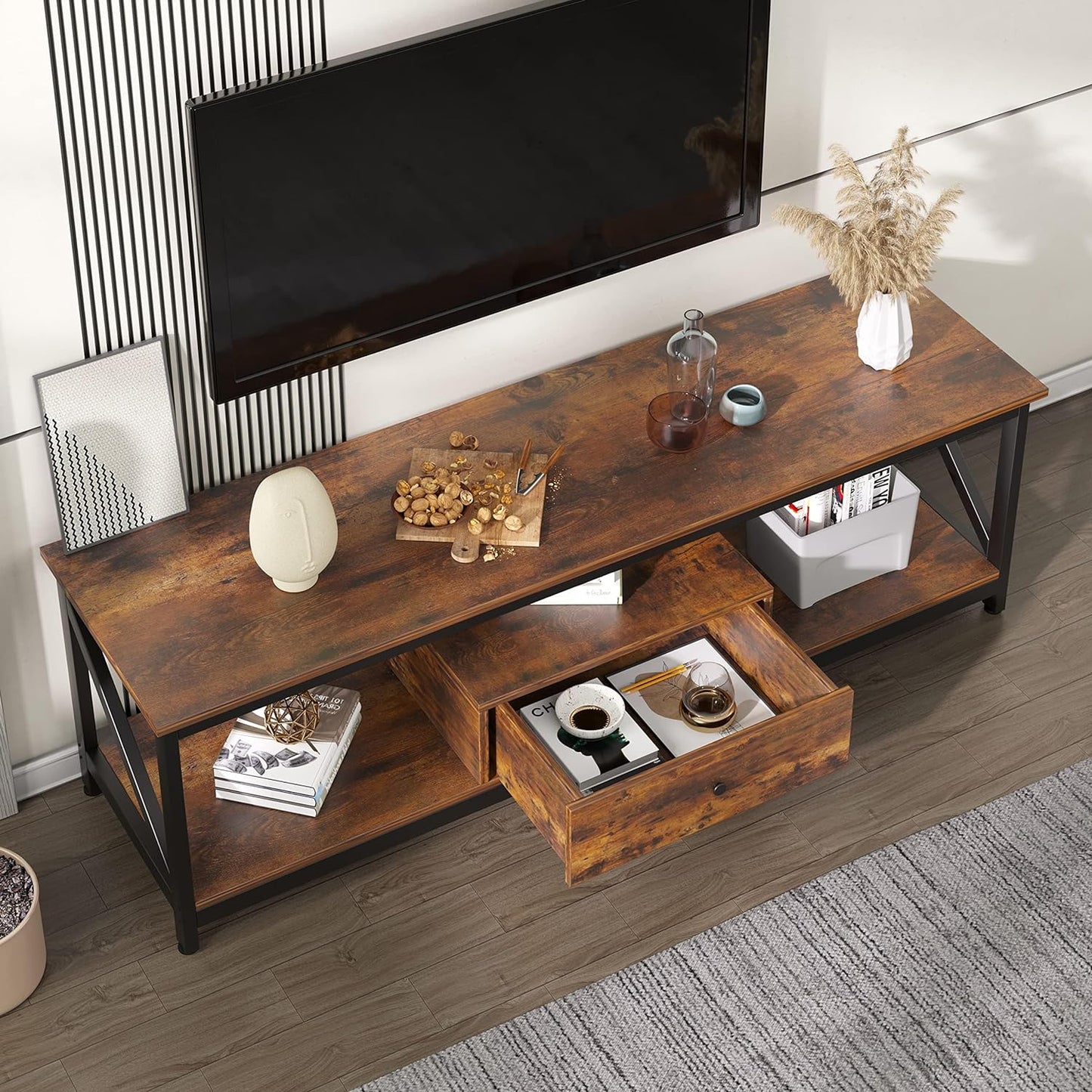 SKY-TOUCH TV Stand : Modern TV Table with 1 Drawer Wide TV Entertainment Center with Storage Shelves Sturdy Wooden TV Console Table with Metal Frame for Living Room (140 * 40 * 43CM Grey/Tiger Wood)