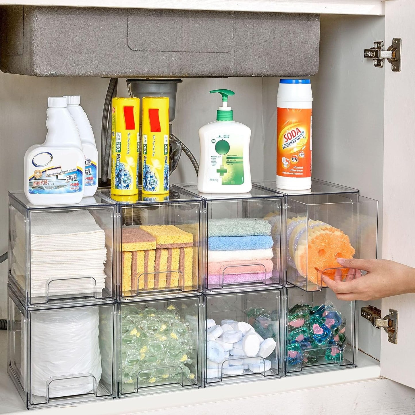 SKY-TOUCH 4 PACK Large Plastic Stackable Storage Drawers, Clear Acrylic Storage Drawers Container Boxes for Vanity, Undersink, Kitchen Cabinets, Pantry Organization and Storage, 38.5x31.3x17.3cm