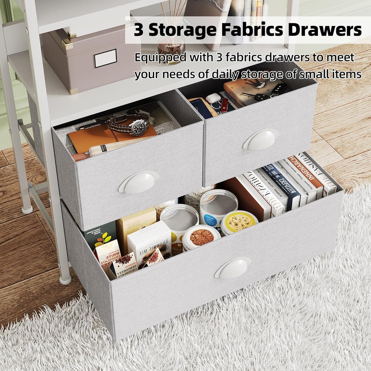 SKY-TOUCH 4-Tier Storage Drawer Shelf with 3 Fabric Drawers – Metal Frame & Wood Top,– Ideal for Books, Photos, and Decorations in Living Room, Office, Bedroom, and Kitchen,White 22.9 * 11.6 * 56.7 in