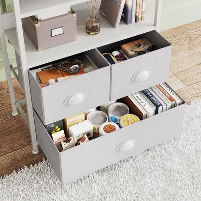 SKY-TOUCH 4-Tier Storage Drawer Shelf with 3 Fabric Drawers – Metal Frame & Wood Top,– Ideal for Books, Photos, and Decorations in Living Room, Office, Bedroom, and Kitchen,White 22.9 * 11.6 * 56.7 in