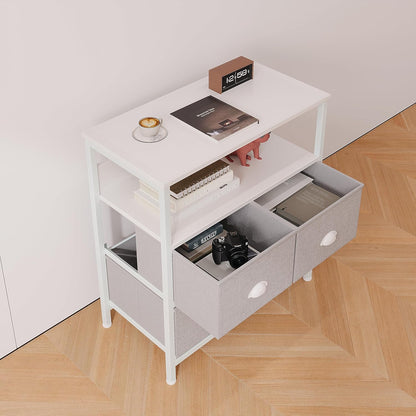 SKY-TOUCH 3 Fabric Drawer Nightstand Storage Chest Unit Home Cabinet w/Shelves Home Living Room Bedroom Entryway Living Furniture, White,58 * 29 * 81.5cm