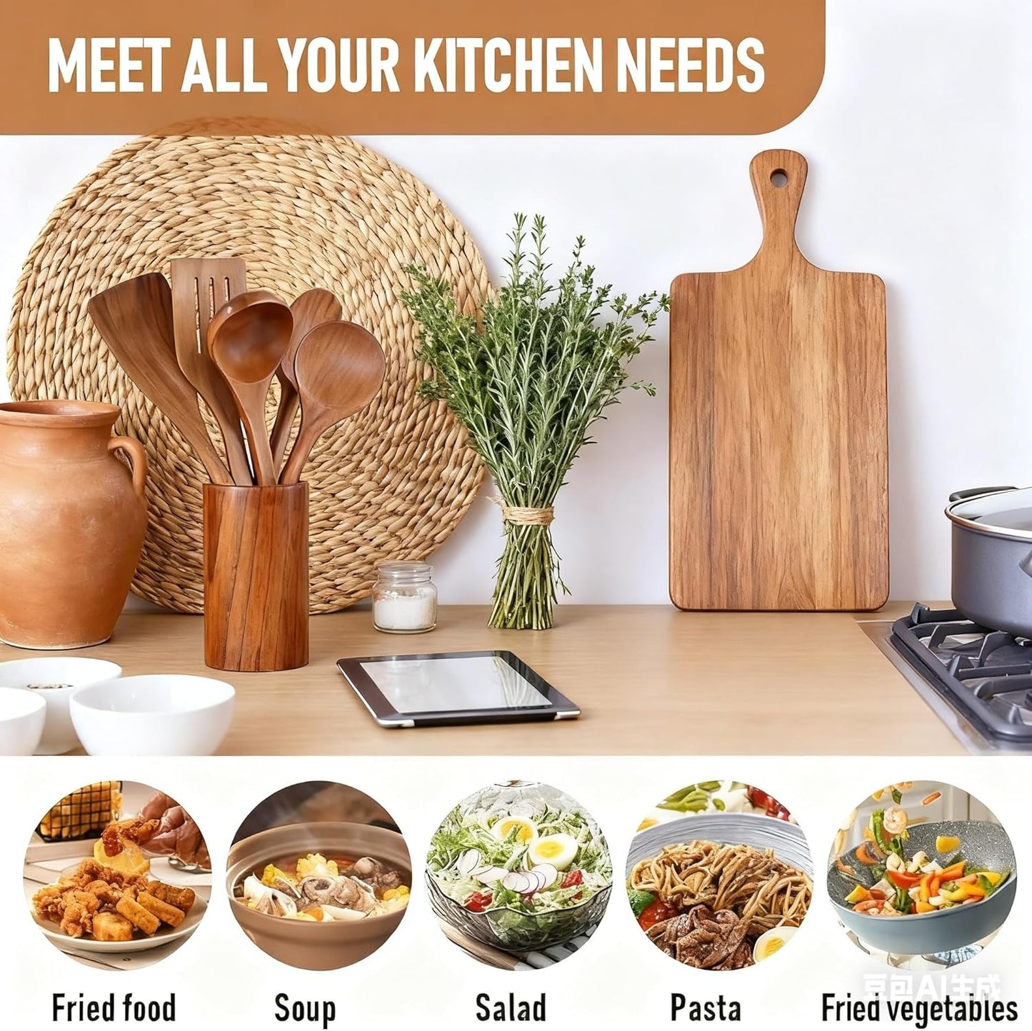 SKY-TOUCH Wooden Kitchen Utensils Set, 6 Pcs Wooden Utensils for Cooking Utensils Set with Utensil Holder, Spoons, Ladles, Strainer Spoon, Salad Fork, Suitable For Various Cooking Needs