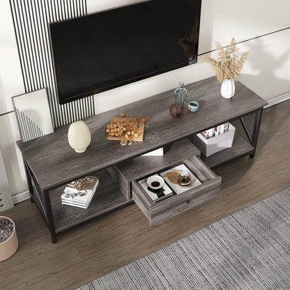 SKY-TOUCH TV Stand : Modern TV Table with 1 Drawer Wide TV Entertainment Center with Storage Shelves Sturdy Wooden TV Console Table with Metal Frame for Living Room (140 * 40 * 43CM Grey/Tiger Wood)