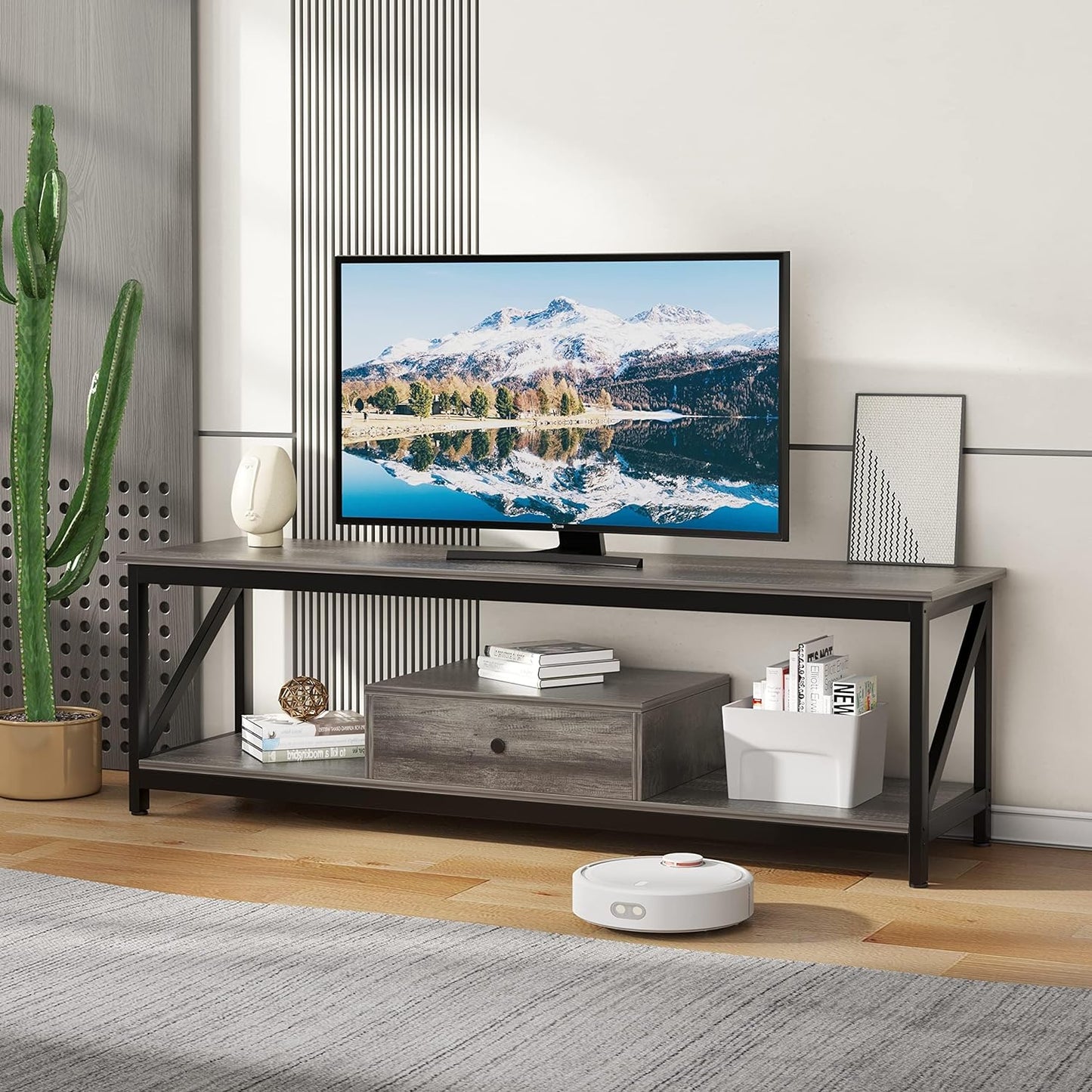 SKY-TOUCH TV Stand : Modern TV Table with 1 Drawer Wide TV Entertainment Center with Storage Shelves Sturdy Wooden TV Console Table with Metal Frame for Living Room (140 * 40 * 43CM Grey/Tiger Wood)