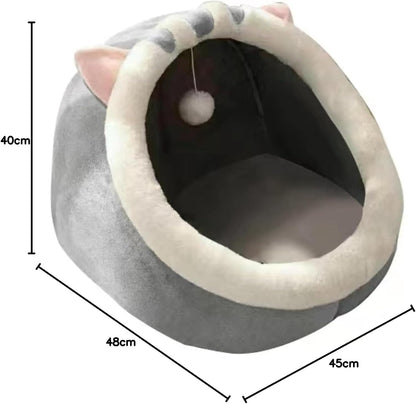 SKY-TOUCH Indoor Cat Bed, Semi-enclosed Cat Igloo Cave Bed for Indoor Kittens, Round Donut Cat House Nest with Fluffy Ball Hanging, Soft Pet Cat Cave for Cats with Anti-Slip Bottom, 48x45x40cm