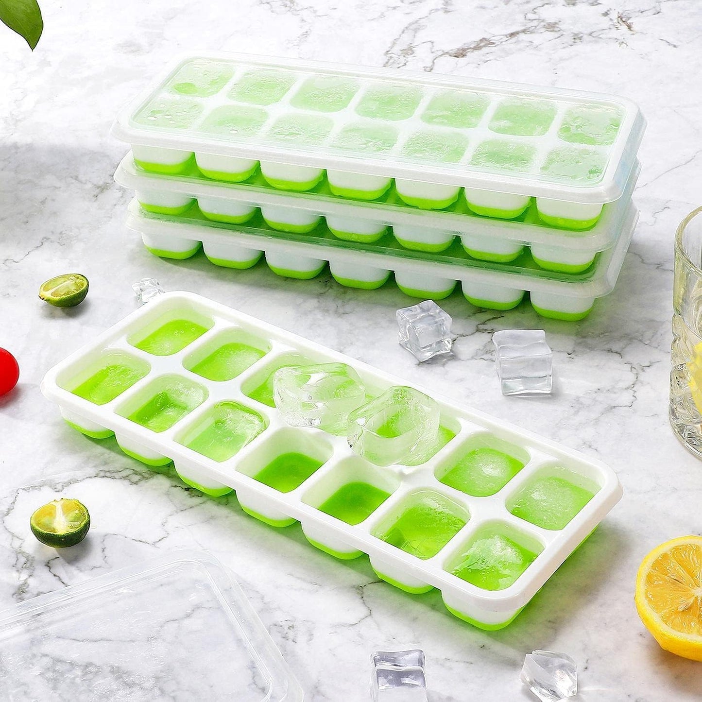 SKY-TOUCH 4 Pack Ice Cube Trays with Clear Removable Lid Easy-Release Silicone Flexible Ice Cube Moulds and BPA Free Stackable Durable - Green, 25x10x3cm