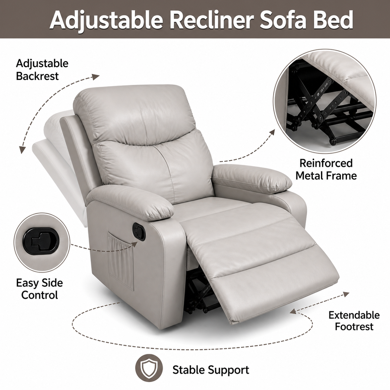SKY-TOUCH Multifunctional Single-Seater Recliner Chair Suitable for a Nap, Adjustable Leather Lounge Chair Waterproof & Side Pockets, Swivel & Rock and Recline at 150° - Easy Assembly, Grey