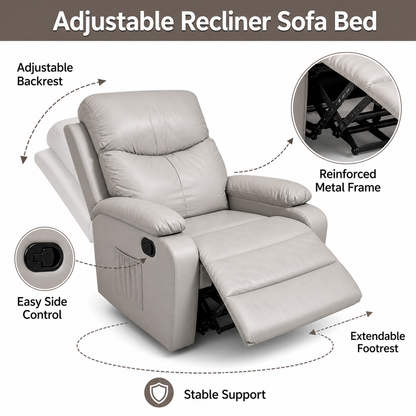 SKY-TOUCH Multifunctional Single-Seater Recliner Chair Suitable for a Nap, Adjustable Leather Lounge Chair Waterproof & Side Pockets, Swivel & Rock and Recline at 150° - Easy Assembly, Grey