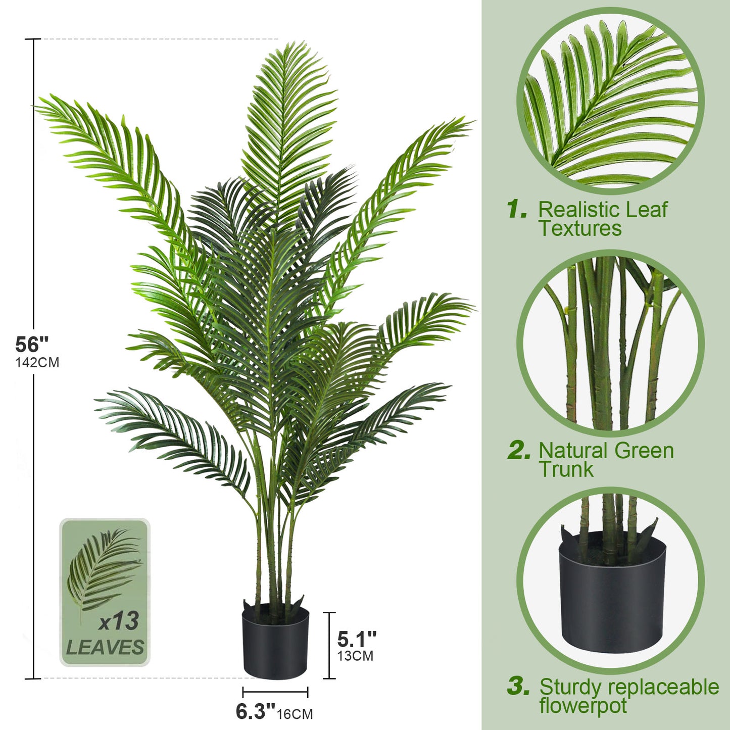 SKY-TOUCH Artificial Tree Fake Plants: 140cm Areca Palm Fake Trees Faux Plants Indoor Realistic Plants for Office Home Room Store Decor