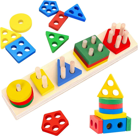 SKY-TOUCH Wooden Sorting & Stacking Toys, Shape Color Recognition Geometric Blocks Matching Puzzle with Lacing String, Educational Preschool Learning Board Game Gift for Babies