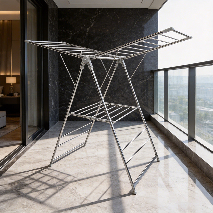 SKY-TOUCH Foldable Clothes Drying Rack, 2-Level Laundry Drying Rack, Free-Standing Large Drying Rack, with Height Adjustable Wings, Indoor & Outdoor Use, Gray - 106x46x10.5