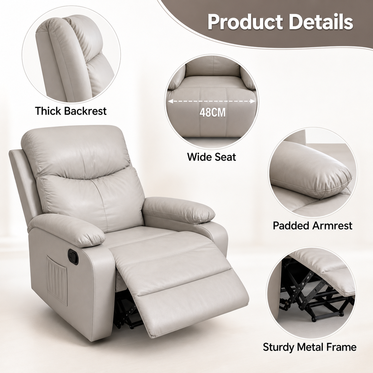 SKY-TOUCH Multifunctional Single-Seater Recliner Chair Suitable for a Nap, Adjustable Leather Lounge Chair Waterproof & Side Pockets, Swivel & Rock and Recline at 150° - Easy Assembly, Grey