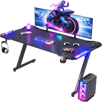 SKY-TOUCH Gaming Desk,Ergonomic Computer and Gaming Table Z Shaped for Pc, Workstation, Home, Office with LED Lights Carbon Fiber Surface,Cup Holder and Headphone Hook,Blue120×60×75cm