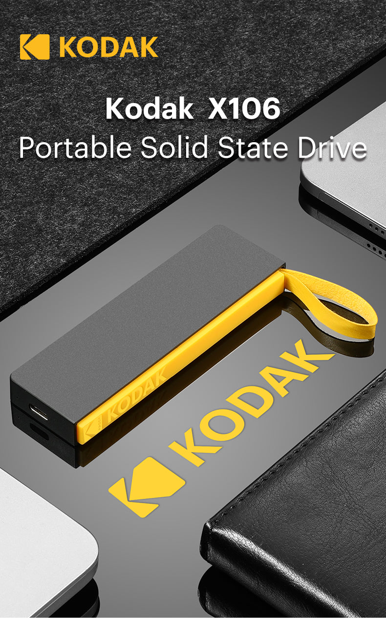 KODAK X106 Portable SSD, 5Gbps High-Speed External Solid State Drive, Up to 500MB/s Read Speed, USB-C Portable Storage with PVC+ABS Shell and Leather Loop for Photos, 4K Videos, Travel and File Backup