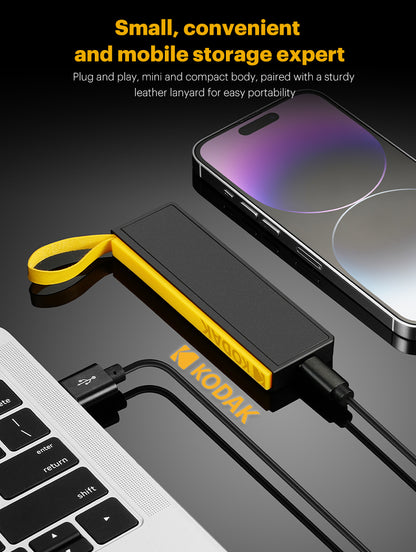 KODAK X106 Portable SSD, 5Gbps High-Speed External Solid State Drive, Up to 500MB/s Read Speed, USB-C Portable Storage with PVC+ABS Shell and Leather Loop for Photos, 4K Videos, Travel and File Backup