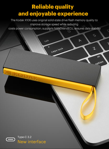 KODAK X106 Portable SSD, 5Gbps High-Speed External Solid State Drive, Up to 500MB/s Read Speed, USB-C Portable Storage with PVC+ABS Shell and Leather Loop for Photos, 4K Videos, Travel and File Backup