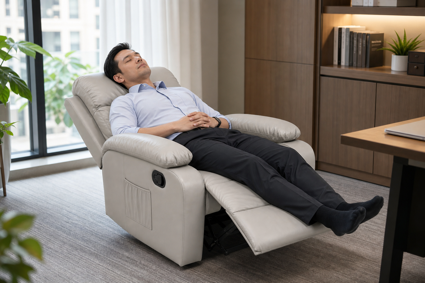 SKY-TOUCH Multifunctional Single-Seater Recliner Chair Suitable for a Nap, Adjustable Leather Lounge Chair Waterproof & Side Pockets, Swivel & Rock and Recline at 150° - Easy Assembly, Grey