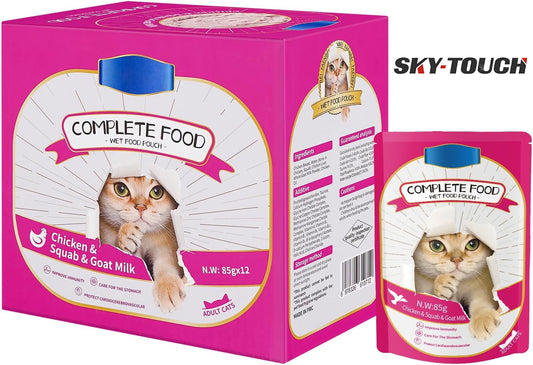 SKY-TOUCH Cat Wet Food 12x85g, Complete Nutrition for Balanced Diet, Grain & Potato Free Formula, Cat Velvet Mousse For All Life Stages, 85g Pouch (12 Pouch Chicken)