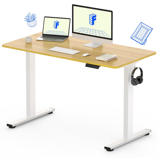 SKY-TOUCH Electric Adjustable Height Standing Desk,Elevating Desk, 120x60cm, Height Memory, Storage Hook, 28.9"-46.5" Elevating range,for Office Stand Up Computer Desk, Beige(top consists of 2 parts)