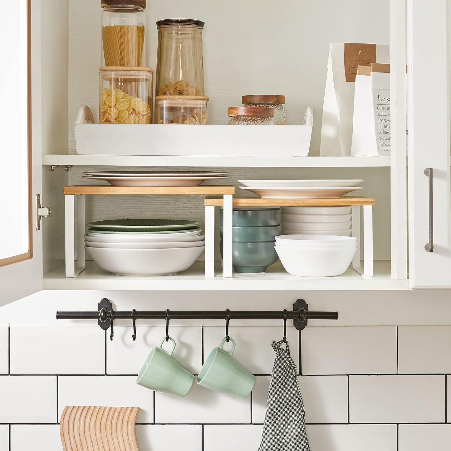 SKY-TOUCH Stackable Kitchen Organizer Shelf, Set of 2 Counter Shelves, Spice Rack, Metal & Engineered Wood, White, Storage Solution for Pantry & Countertop