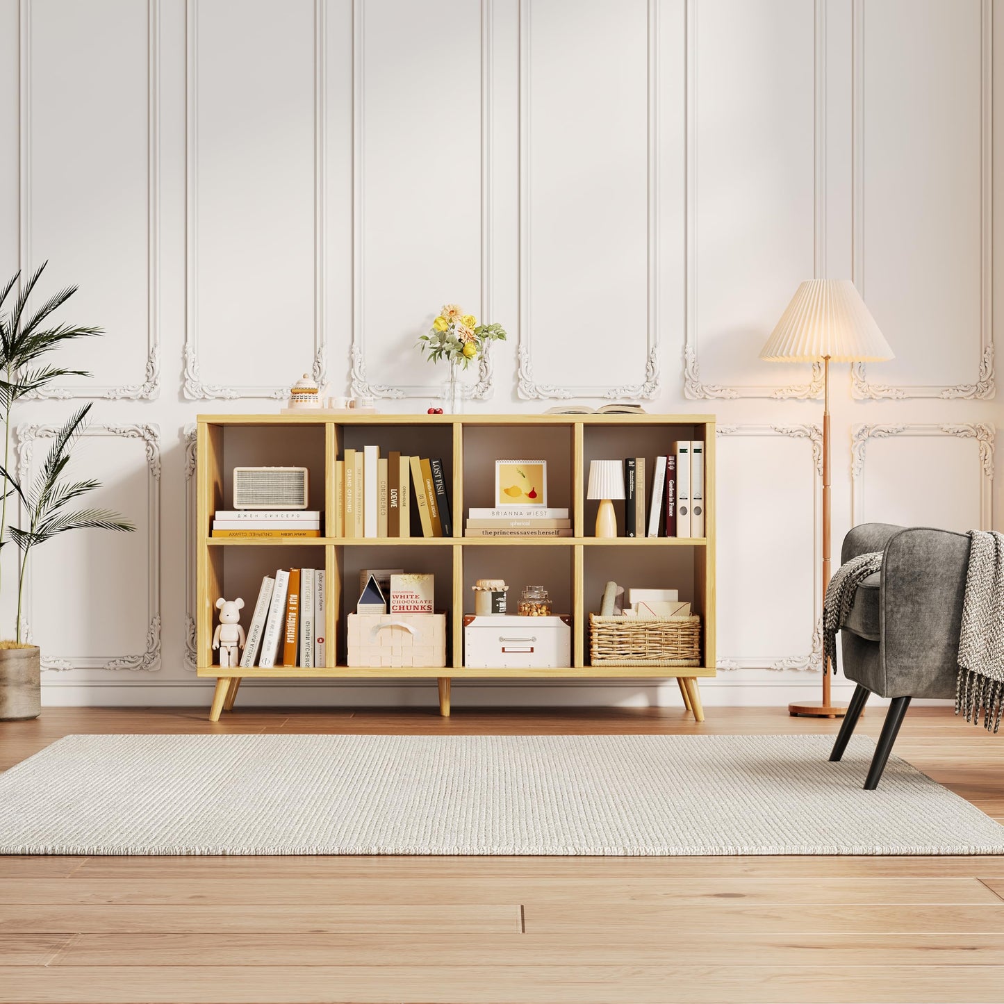 SKY-TOUCH 2-Tier 8-Cube Floor Standing Bookcase Organizer, Wooden Storage Cabinet with Multiple Compartments for Home Office Living Room, 120 x 30 x 72 cm