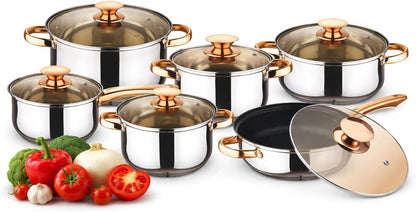 SKY-TOUCH 12PCS Stainless Steel Cookware Set, Multipurpose Pots & Pans Setve with Tempered Glass Lids Fast Heating & Easy to Clean Kitchen Essentials for Cooking (Golden Brown)