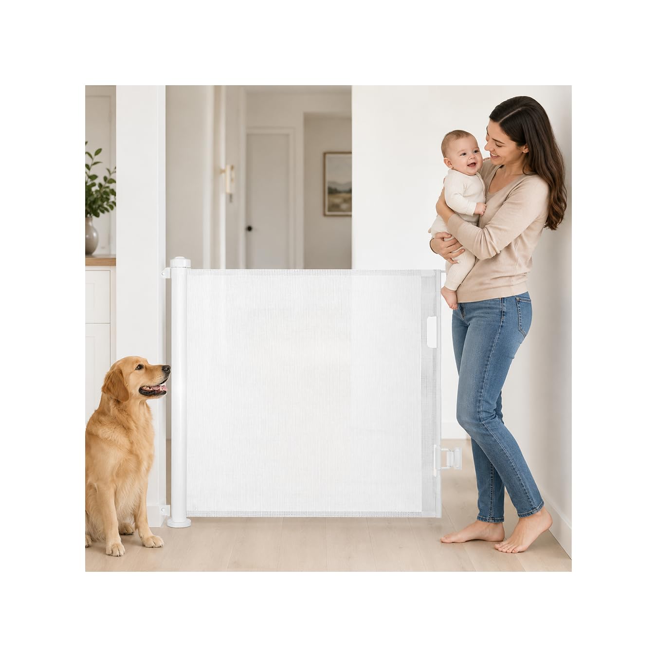 SKY-TOUCH Retractable Baby Safety Gate (150 x 86 cm Mesh Pet Gate) – Drill-Mount Installation, Adjustable Width Suitable for Stairs, Doorways, and Hallways, White