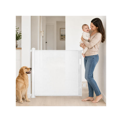 SKY-TOUCH Retractable Baby Safety Gate (150 x 86 cm Mesh Pet Gate) – Drill-Mount Installation, Adjustable Width Suitable for Stairs, Doorways, and Hallways, White