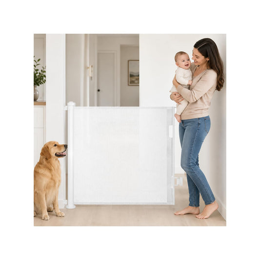 SKY-TOUCH Retractable Baby Safety Gate (150 x 86 cm Mesh Pet Gate) – Drill-Mount Installation, Adjustable Width Suitable for Stairs, Doorways, and Hallways, White