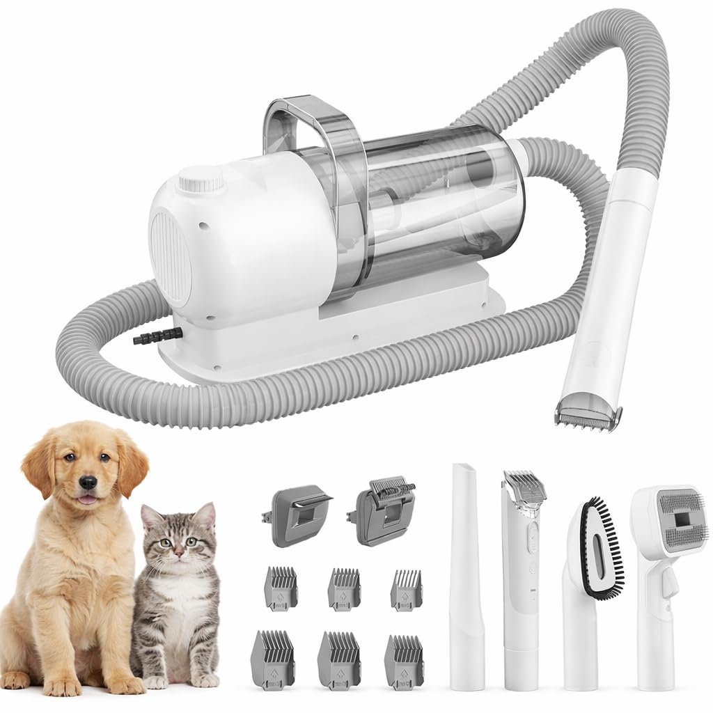 SKY-TOUCH Pet Grooming Kit and Hair Vacuum, 12 in 1 Shedding Grooming Kit, 2L Large Capacity Low Noise Hair Remover Supplies for Dogs & Cats, Professional Grooming Shedding Tools