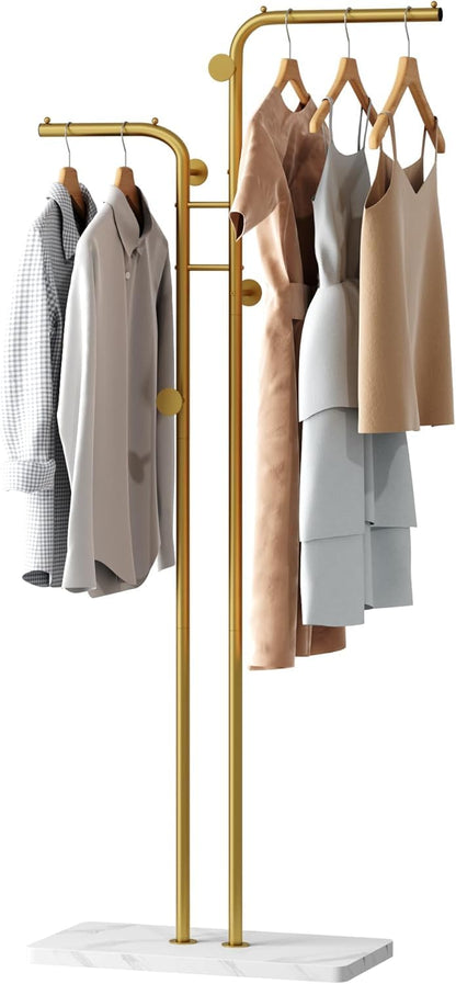 SKY-TOUCH Metal Coat Rack, Modern Double-Pole Clothes Hanger Stand with 5 Hooks, Freestanding Coat Tree with Stable Base for Entryway, Closet, Bedroom, Living Room, Gold