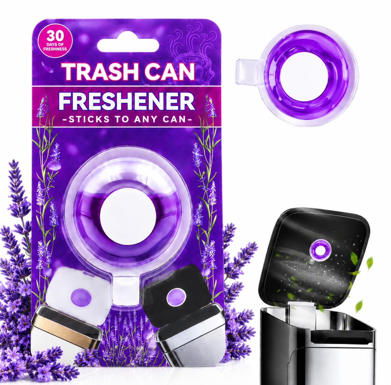 SKY-TOUCH 1PCS Trash Can Deodorizer, Plant-Based Lavender Bin Freshener, Slow-Release Self-Adhesive Air Freshener for Kitchen Food Waste and Pedal Bin Lids, Up to 30 Days