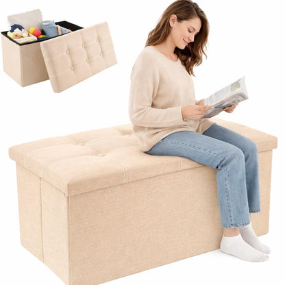 SKY-TOUCH Ottoman Seat Storage Stool, Folding Storage Ottoman Cube, Space-Saving Cube Footrest Seat for Bedroom, Hallway, Living Room,Beige,76 * 38 * 38cm(Capacity 150KG) 1 pack