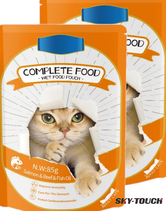 SKY-TOUCH Cat Wet Food 2x85g, Complete Nutrition for Balanced Diet, Grain & Potato Free Formula, Cat Velvet Mousse For All Life Stages, 85g Pouch (2 Pouch Salmon)