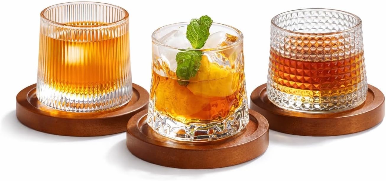 SKY-TOUCH 3 PCS Spinning Glass Tumblers With Base, Bar Glass, Old Fashioned Glasses Clear Cups Glass Water Cups Glass Set, 200 ML
