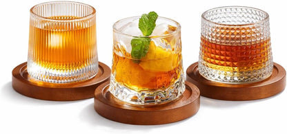 SKY-TOUCH 3 PCS Spinning Glass Tumblers With Base, Bar Glass, Old Fashioned Glasses Clear Cups Glass Water Cups Glass Set, 200 ML